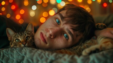 Serene Cat Nap: A peaceful tabby cat enjoys a tranquil moment of sleep, basking in a colorful, bokeh-filled atmosphere of gentle hues, capturing the essence of relaxation and calm.