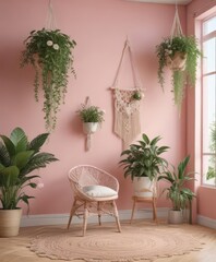 Fototapeta premium Pastel walls, macrame accents, blooming plants, blanket, cushions, minimalist