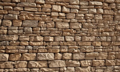 Fototapeta premium Warm-toned stacked stone wall, horizontal view Various sized stones, sunlight shadow , design, masonry