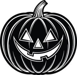 Jack o' Lantern Halloween Pumpkin with Evil Face Isolated on White Background, Orange Halloween pumpkin, a scary jack-o-lantern with a carved face, is isolated on white for an autumn holiday  