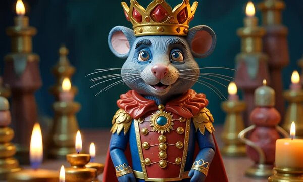 Animated Rat King in Golden Crown & Royal Robes Walking Through Candlelit Hall - Whimsical 3D Animation