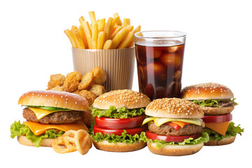Delicious fast food combination featuring burgers french fries nuggets and a glass of cola
