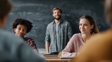 Diverse classroom setting featuring engaged students and a supportive teacher fostering an inclusive learning environment and academic growth.