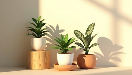Fototapeta premium indoor potted plants, large tropical leaves, snake plant, cactus, wooden stump