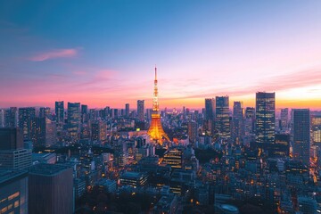 Obraz premium Tokyo Cityscape with Tower at Sunrise, Urban Scenery, Asian Metropolis with Sky