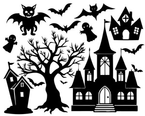 Creative details Collection of Halloween silhouettes. Haunted house, creepy tree, flying witch, pumpkins, halloween ghost, owl, coffin lid icon Vector Illustration