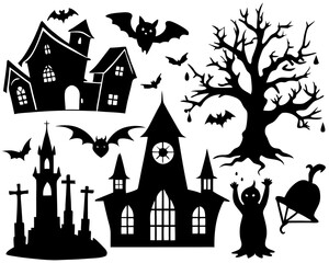 Creative details Collection of Halloween silhouettes. Haunted house, creepy tree, flying witch, pumpkins, halloween ghost, owl, coffin lid icon Vector Illustration