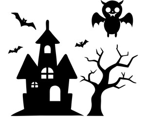 Creative details Collection of Halloween silhouettes. Haunted house, creepy tree, flying witch, pumpkins, halloween ghost, owl, coffin lid icon Vector Illustration