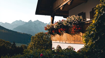 Charming Wooden Chalet with Colorful Flower Boxes in Bavarian Mountains