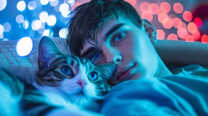 Serene Cat Nap: A peaceful tabby cat enjoys a tranquil moment of sleep, basking in a colorful, bokeh-filled atmosphere of gentle hues, capturing the essence of relaxation and calm.