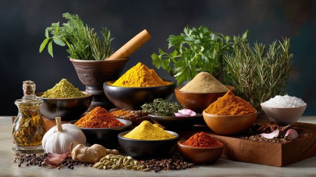 Vibrant Collection of Fresh Herbs and Diverse Spices on Table