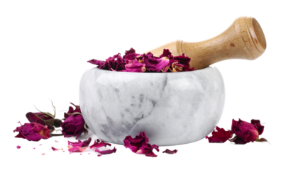 Dried rose petals in mortar