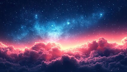 A vibrant celestial panorama above a cloud layer.