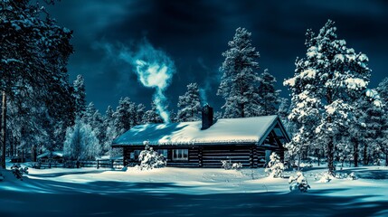 Cozy Log Cabin in Snowy Landscape with Smoke from Chimney