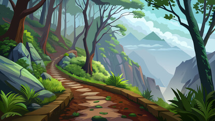 Naklejka premium Foggy hiking path in the forest in Levada do Caldeirao Verde Trail, Madeira island, Portugal.