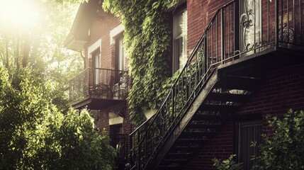 Red Brick Townhouse with Ivy Covered Facade and Black Railings