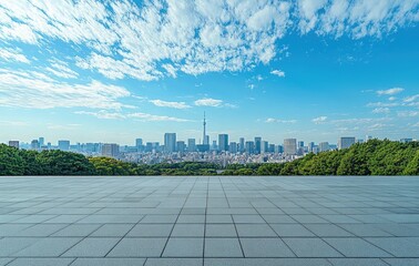 Fototapeta premium Tokyo Skyline view from tiled platform under bright sky on sunny day, landscape scenery