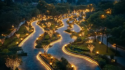 Serpentine park pathways illuminated at night - Powered by Adobe