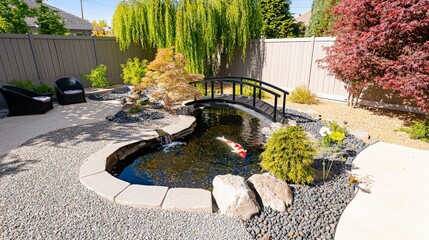 Serene Zen Rock Garden with Koi Pond and Curved Stone Bridge