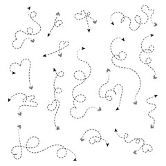 Dash line arrows heart vector set. different style curved arrows design.