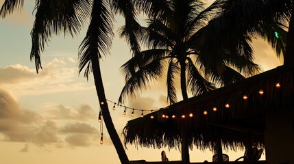 Outdoor Living Area with Rattan Furniture and String Lights at Sunset