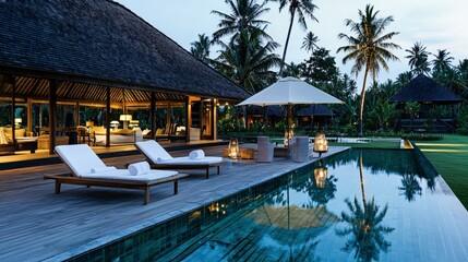 Elegant Resort Backyard with Infinity Pool and Soft Evening Lights