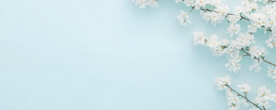 White spring flowers on blue bokeh background with copy space. Flat lay floral border with cherry blossoms. Template for greeting card, poster. Easter, Women's Day, Mother's Day or wedding banner