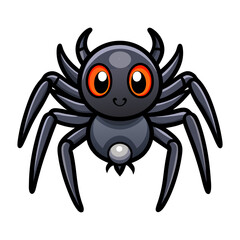 Vector Icon of a Black Spider with Eight Legs and Big Eyes in Cute and Spooky Cartoon Style Isolated on Transparent Background Cute Cartoon Spider Icon, Halloween Black Spider, Funny Insect Vector 