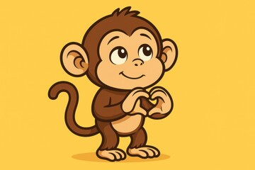 A cartoon monkey with a bashful grin, holding an oversized invisible heart in its hands on a bright yellow background