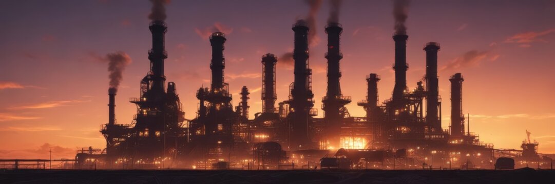Dark refinery profile against vibrant sunrise , industrial, chemical, production