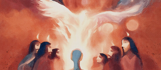 A radiant dove of the Holy Spirit descends upon gathered believers in a Pentecost scene, watercolor