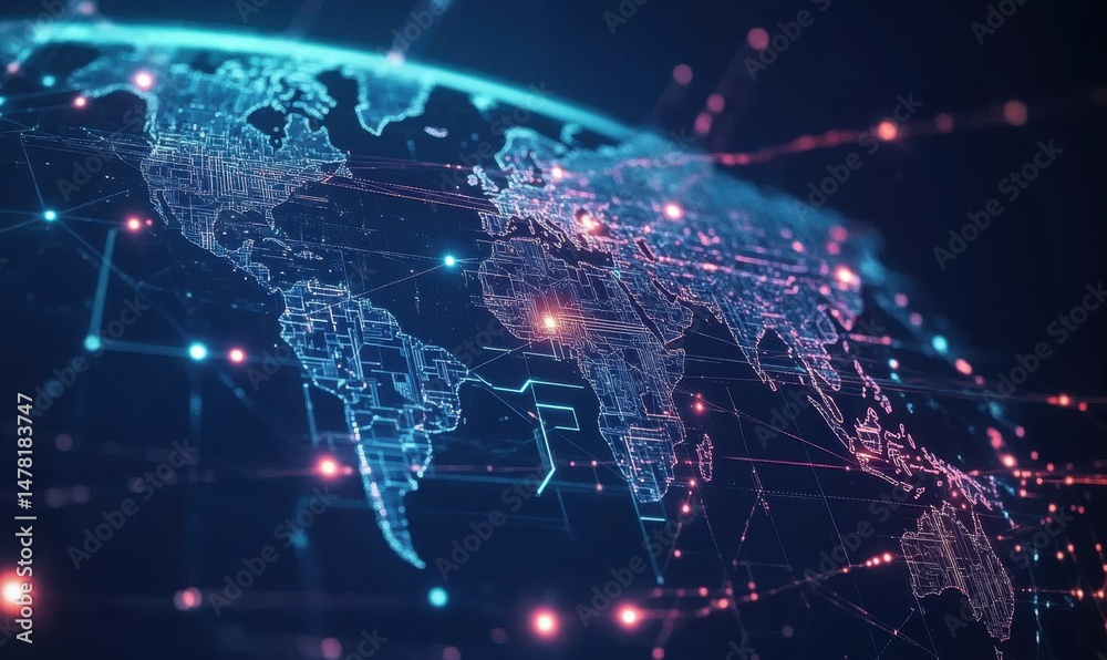 Poster digital world map with circuit board patterns and glowing connections, symbolizing global connectivi