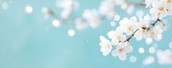 White spring flowers on blue background with copy space. Flat lay floral border with cherry blossoms. Template for greeting card, poster. Easter, Women's Day, Mother's Day or wedding banner concept