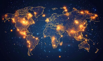Fototapeta premium Digital world map with circuit board patterns and glowing connections, symbolizing global connectivity in technology and digital marketing Generative AI