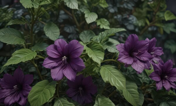 Deep purple petals, lush green leaves, close-up botanical detail,  garden,  color