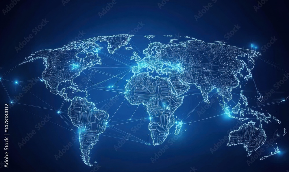 Poster abstract digital world map with circuit board lines on a blue background, representing technology an