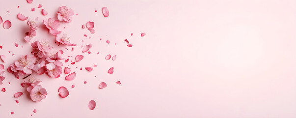 Pink spring cherry flowers on pink background with copy space. Flat lay floral border with sakura blossoms. Template for greeting card. Easter, Women's Day, Mother's Day or wedding banner concept.