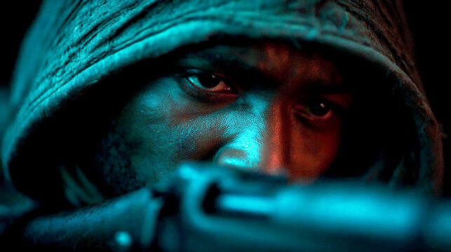 close-up of a soldier wearing night vision goggles aiming a high-powered sniper rifle in a dark environment with a faint green glow,