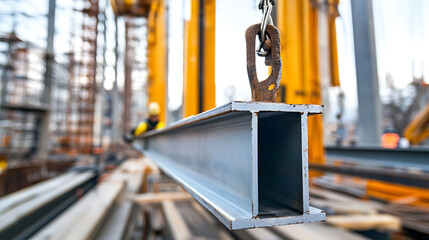 Steel Beam Being Lifted at Construction Site