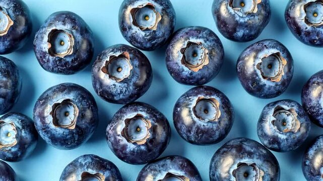 Fresh blueberries arranged in a vibrant pattern on a light blue background for culinary inspiration