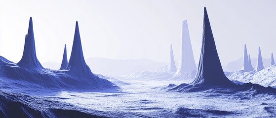 A blue and white image of a barren landscape with many tall, pointy structures