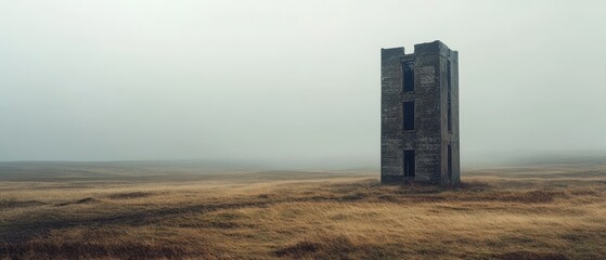 A tall, abandoned building stands in a field of dry grass
