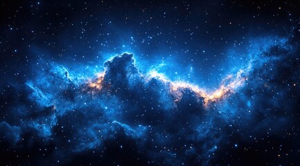 A cosmic nebula displaying vibrant blue and golden hues.