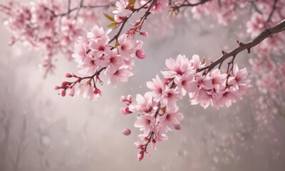 Fototapeta premium Delicate pink sakura petals drift gently on a soft-focus spring background , delicate, blossom
