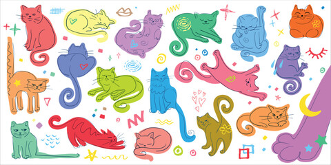 Colorful funny cat poses collection