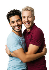 Obraz premium Two young adult men, one with dark hair and a light blue shirt and the other with blonde hair in a burgundy polo, smiling and embracing against a transparent background.