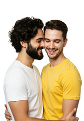 Fototapeta premium Affectionate Embrace Between Two Young Adult Men: One with Dark Curly Hair and Beard in White Shirt, Other with Short Light Brown Hair in Yellow Shirt Against transparent background