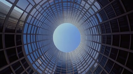Unique Circular Glass Building with Windows Against Clear Sky Low Angle Perspective