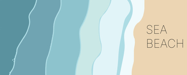 A peaceful summer beach scene with a top-down view of a tropical coastline. Gentle waves meet the sandy shore under a bright, sunny sky, creating a refreshing and relaxing seaside atmosphere. 