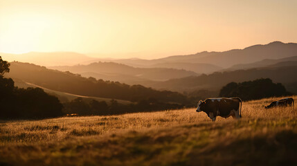 Obraz premium Cows graze in a golden meadow at sunset, with rolling hills and mountains in the background